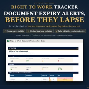 May include: A digital Right to Work Tracker Excel template featuring a dashboard with summary and coverage metrics. The interface displays employee document expiry alerts, status columns, and follow-up dates in a professional, organized layout.