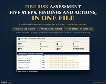 Modèle Excel d'évaluation des risques d'incendie | Liste de contrôle en 5 étapes + plan d'action (Téléchargement numérique)