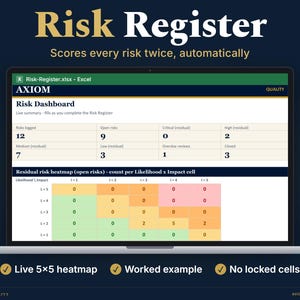 Könnte beinhalten: Ein Laptop-Bildschirm mit einem Risk Register Excel-Dashboard, einer Zusammenfassungstabelle und einer Heatmap für Restrisiken. Der Text enthält Risk Register, Scores every risk twice, automatically, AXIOM und Live 5x5 heatmap.