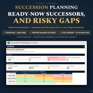 May include: A digital succession planning template for Excel titled Succession Planning Ready-Now Successors, and Risky Gaps. The dashboard displays metrics including critical roles, bench health, and a key-person risk matrix with color-coded data.