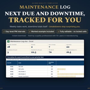 May include: A digital maintenance log template for Excel featuring a dark blue background with gold text. The document displays a dashboard with metrics like PM tasks, overdue items, and downtime hours, alongside a table tracking asset IDs.