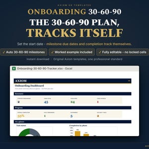 Può includere: Un modello digitale di piano di onboarding 30-60-90 per Excel. Il grafico mostra una dashboard di onboarding con metriche di riepilogo, percentuali di avanzamento e grafici sullo stato delle attività. Il testo include AXIOM HR TEMPLATES e ONBOARDING 30-60-90 THE 30-60-90 PLAN, TRACKS ITSELF.