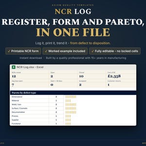 May include: An Excel spreadsheet template for an NCR log, register, form, and Pareto chart. The interface displays data tables for NCRs raised, open, closed, and cost of NC in pounds, alongside a Pareto chart by defect type with bar graphs.
