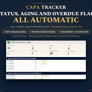 May include: A CAPA Tracker Excel template featuring a dark blue background with gold text. The interface displays status metrics, ageing of open items, and source breakdown charts. Text includes CAPA TRACKER, STATUS, AGEING AND OVERDUE FLAGS, ALL AUTOMATIC, and CAPA-Tracker.xlsx.