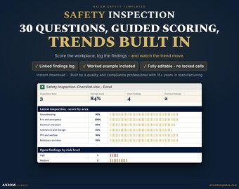 Liste de contrôle d'inspection de sécurité Excel | Audit du lieu de travail noté + Journal des constatations (Téléchargement numérique)