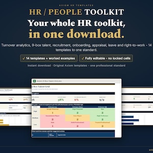 May include: A digital HR and people toolkit download featuring 14 editable templates. The graphic displays text including HR / PEOPLE TOOLKIT, Your whole HR toolkit, in one download, and previews of an employee turnover dashboard and a 9-box talent grid.