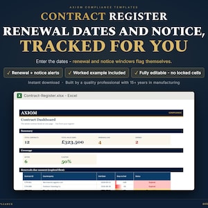 May include: A digital contract register template for Excel titled AXIOM Contract Dashboard. The interface displays summary metrics, total contract value in pounds, renewal counts, and a detailed table tracking contract IDs, end dates, and status.