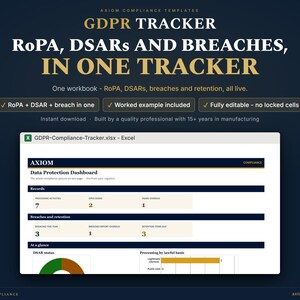Strumento di monitoraggio della conformità GDPR in formato Excel / Protezione dei dati nel Regno Unito: RoPA, DSAR + Violazione (Download digitale)