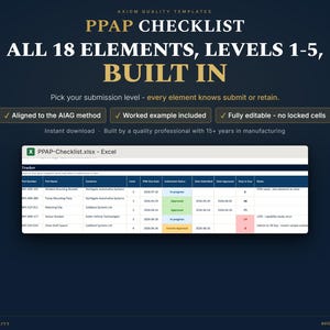 Puede incluir: Una plantilla digital de lista de verificación PPAP para Excel con 18 elementos y niveles 1-5. El documento incluye un rastreador con columnas para número de pieza, nombre, cliente, nivel, fechas y estado, alineado con el método AIAG.