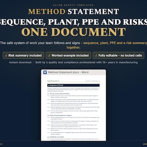 Plantilla de declaración de método en Word / Secuencia de trabajo segura en la construcción + Resumen de riesgos (Descarga digital)