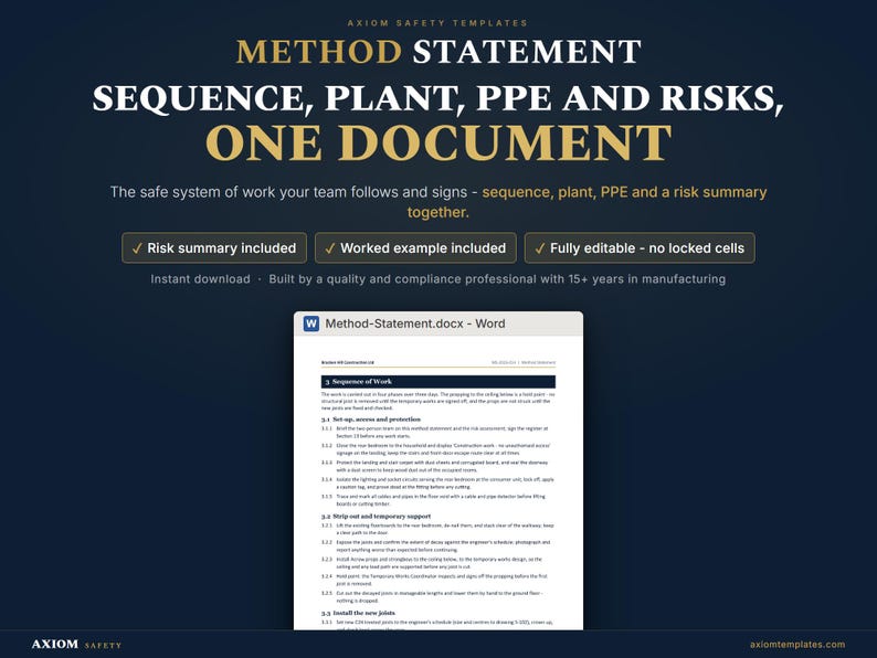 Modèle de fiche de méthode Word | Séquence de travail sécuritaire et résumé des risques pour la construction (téléchargement numérique) image 1