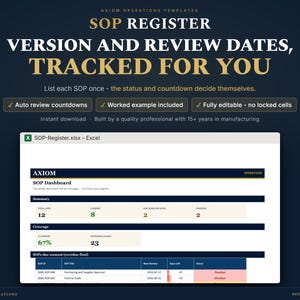 SOP-sjabloon voor Excel | SOP-register met versiebeheer + afteltimers voor beoordelingen (digitale download)