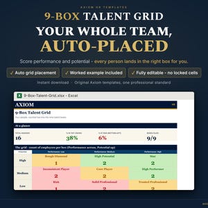 May include: A digital 9-box talent grid Excel template featuring a performance and potential matrix. The interface displays employee data, including categories like Star, High Potential, and Risk, with a dark blue background and gold text.