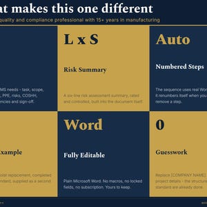 Peut inclure: Une infographie bleu fonc&eacute; et dor&eacute;e intitul&eacute;e What makes this one different. Elle liste des caract&eacute;ristiques dont 13 sections, un r&eacute;sum&eacute; des risques L x S, des &eacute;tapes num&eacute;rot&eacute;es auto, 1 exemple, Word modifiable et 0 conjecture pour un mod&egrave;le RAMS.