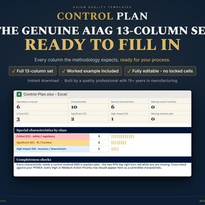 May include: A digital Control Plan template for Excel featuring a 13-column set. The interface displays operations, characteristics, and special characteristics by class with color-coded rows for critical, significant, and high impact categories.