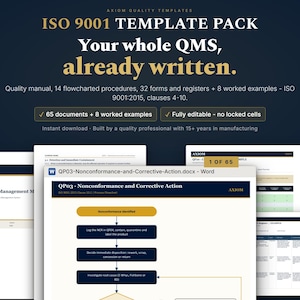 Op de afbeelding: Een ISO 9001 sjabloonpakket met een kwaliteitshandboek, 14 stroomdiagramprocedures, 32 formulieren en 8 uitgewerkte voorbeelden. De tekst luidt: ISO 9001 TEMPLATE PACK, Your whole QMS, already written, 65 documents + 8 worked examples, Fully editable.