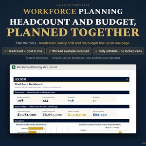 May include: A digital workforce planning Excel template featuring a dark blue background with gold text. The dashboard displays headcount and salary budget metrics, including current and planned figures, net change, and open roles in a clear layout.