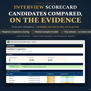 May include: A digital interview scorecard template for Excel titled AXIOM Candidate Comparison. The spreadsheet displays candidate rankings, weighted scores, and recommendations in a table format with a dark blue and gold color scheme.