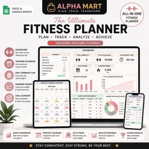 Foglio di calcolo per il monitoraggio degli allenamenti (Fogli Google ed Excel) / Pianificatore di fitness / Registro della palestra / Diario degli esercizi di sollevamento pesi / Calendario degli allenamenti giornalieri