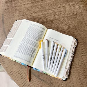 May include: An open Bible with the text New Testament visible on the page. The book features numerous light-colored index tabs along the edges. Six thin markers in shades of yellow, brown, gray, beige, peach, and light blue rest on the open pages.