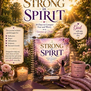 May include: A spiral-bound journal titled Strong in Spirit: 30 Days to Conquer Fear and Worry as a Woman of Faith, featuring a cover illustration of a person standing by a waterfall, alongside a Holy Bible, a candle, a mug, and a pen.