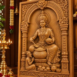 Annapoorneshwari Devi intagliato a mano – Arte murale personalizzata della dea indù in legno / Decorazione domestica indù Annapurna Devi / Scultura Annapoorani Mata
