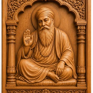 Puede incluir: Una placa de pared rectangular de madera con un relieve detallado de Guru Nanak Dev Ji. La figura está sentada en pose meditativa con una mano levantada que muestra el símbolo Ik Onkar, enmarcada por pilares ornamentados y tallas florales.