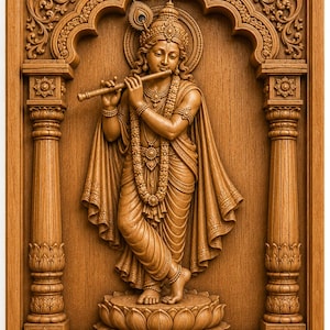 May include: A rectangular wooden wall panel featuring a detailed relief carving of a figure playing a flute. The central figure stands on a lotus base within an arched frame supported by two pillars, all decorated with intricate floral patterns.