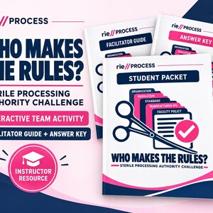 May include: A set of educational booklets titled Who Makes The Rules? Sterile Processing Authority Challenge, including a Student Packet, Facilitator Guide, and Answer Key. The covers feature dark blue text, pink accents, and a graphic of scissors.
