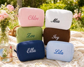 Pochette cosmetica personalizzata con motivo a nido d'ape, astuccio da toilette con monogramma ricamato su misura, trousse per il trucco