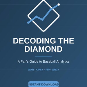 Può includere: Una guida digitale blu scuro intitolata DECODING THE DIAMOND: A Fan's Guide to Baseball Analytics. Presenta un'icona a forma di diamante bianco con un grafico a linee blu, il testo WAR, OPS+, FIP, WRC+, un pulsante INSTANT DOWNLOAD e ANDRE'S GUIDE.