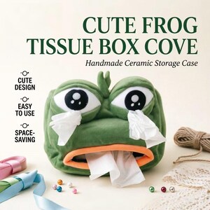 May include: A green plush tissue box cover shaped like a frog with large white and black eyes and an orange mouth. The text CUTE FROG TISSUE BOX COVE and Handmade Ceramic Storage Case appear above. Features include CUTE DESIGN, EASY TO USE, and SPACE-SAVING.