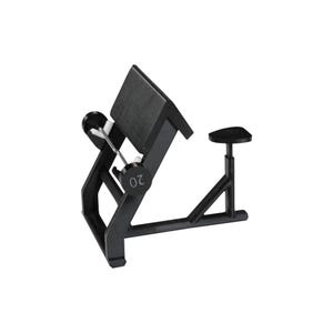 May include: A black preacher curl bench featuring an angled arm pad, a barbell rest, and a small seat. A circular weight plate with the number 20 printed on its side is attached to the frame. The structure is made of black metal and plastic components.