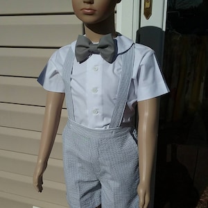 Boys seersucker Suspender shorts, shirt, solid bow tie