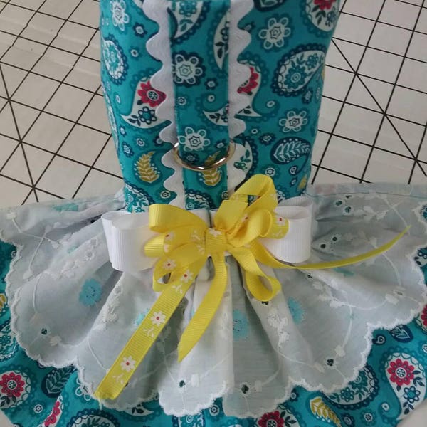 Teal paisley and lace dog harness dress for small pets.