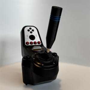 May include: A black gaming gear shifter featuring a tall cylindrical handle with two blue horizontal stripes. The base includes a silver control panel with four red circular buttons, a directional pad, and a black leather-like boot around the stick.