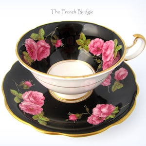 Foley Black with Pink Roses  &quot;Century Rose&quot; Vintage Teacup and Saucer Set ENGLAND Tea  Cup