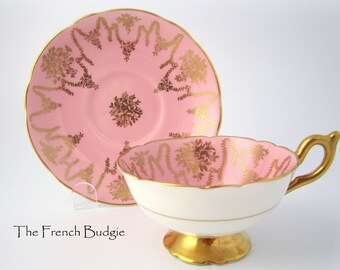 Coalport Bubble Gum Pink and Gold Footed Teacup and Saucer Set made in ENGLAND Tea Cup