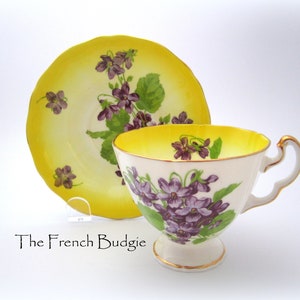 Adderley Sunny Yellow Ombre Violet Flower Teacup and Saucer Made in ENGLAND Tea Cup