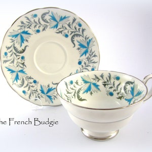 Grosvenor Turquoise and Grey Leaves Hand painted Vintage Teacup and Saucer Made in ENGLAND Tea Cup