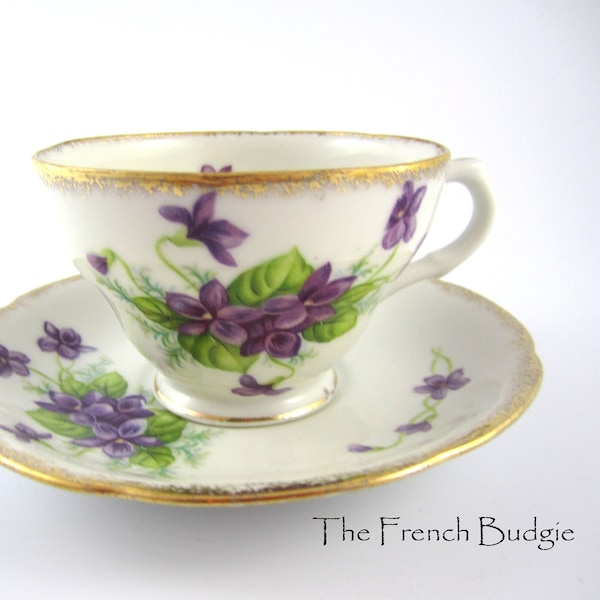 Cherry China Japanese Purple Vintage footed Violet Teacup an saucer Made in ENGLAND Tea Cup