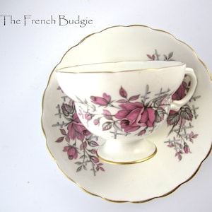 Rosina Vintage Pink and Grey Floral Teacup and Saucer Set, Made in ENGLAND Tea Cup