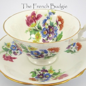 Conjunto de xícara de chá e pires vintage Heathcote Colorful Bouquet feito na Inglaterra