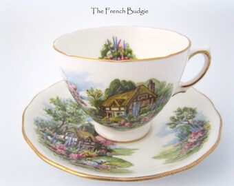 Royal Vale Vintage Scenic Tekopp Med Fat Set Cottage and Garden Tekopp