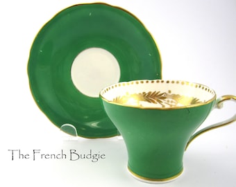 Aynsley Green and Gold  Corset Teacup and Saucer set Made in ENGLAND Tea Cup