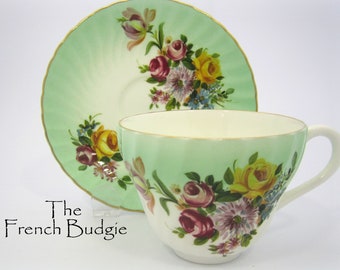 Crown Staffordshire Green  Vintage Teacup and Saucer Set , Made in ENGLAND Tea Cup