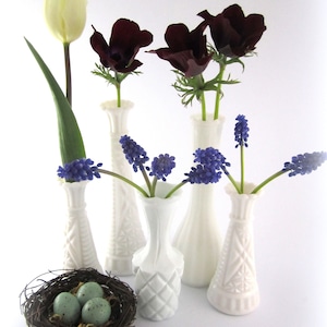 LOT of 5 Assorted White Milk Glass Vases Farmhouse Milk Glass Bud Vases, Instant Collection  , DIY Wedding Table Decor Centerpieces