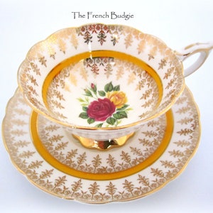 Royal Stafford Bright yellow and Gold with Roses Vintage Teacup and Saucer set Made in ENGLAND Tea Cup