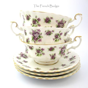 zestaw 3 misek do zupy Royal Albert SWEET VIOLET z uchwytem i spodków, wyprodukowano w ANGLII