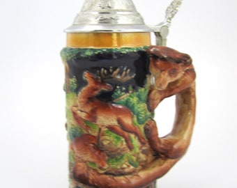 Fox Handle Vintage  Beer Stein with  Lid  Made in GERMANY